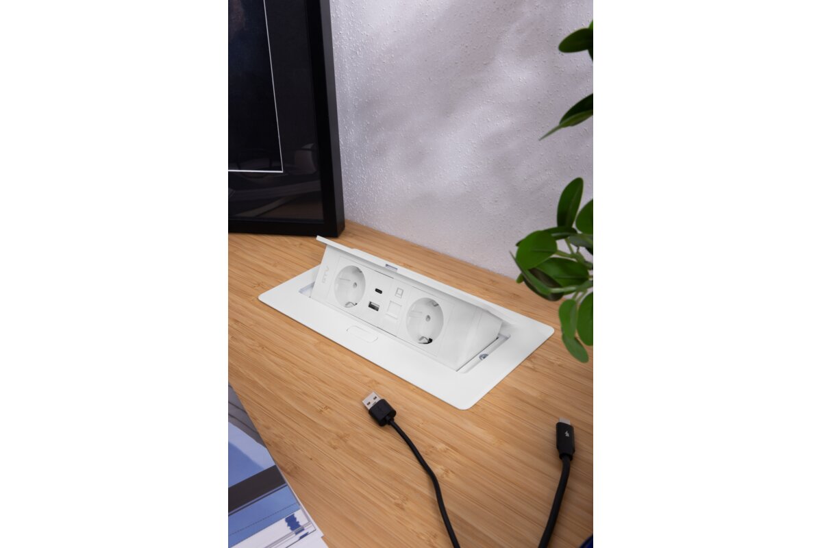 Меблева розетка MULTISOFT, 2хSHUKO, USB A+C, RJ45, кабель 1.5 м, білий