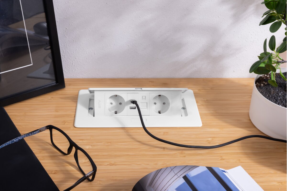Меблева розетка MULTISOFT, 2хSHUKO, USB A+C, RJ45, кабель 1.5 м, білий
