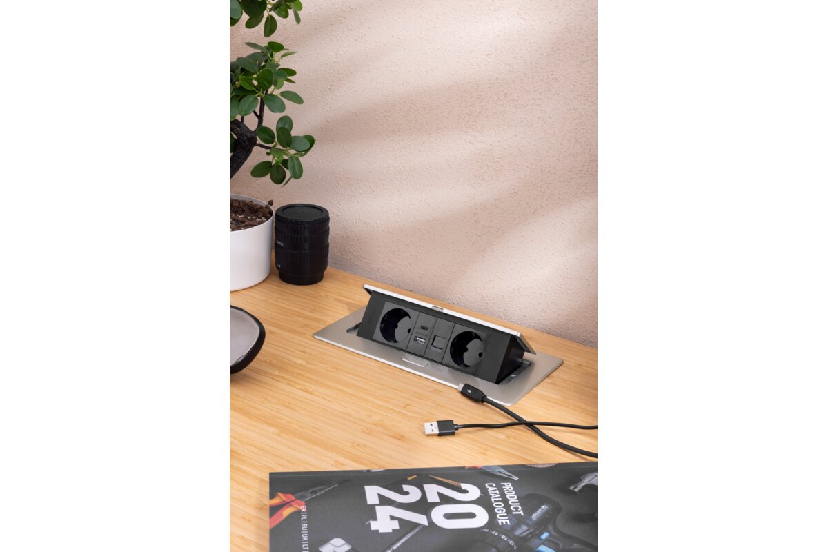 Меблева розетка MULTISOFT, 2хSHUKO, USB A+C, RJ45, кабель 1.5 м, алюміний