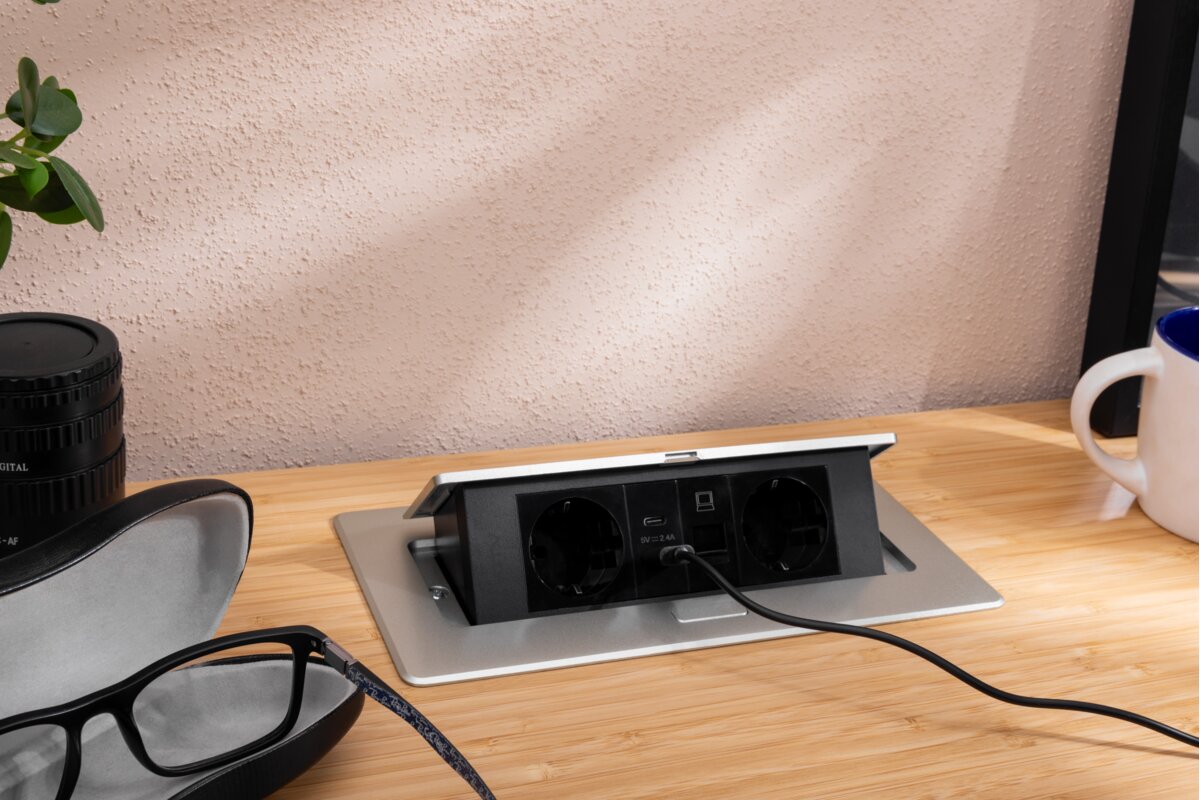 Меблева розетка MULTISOFT, 2хSHUKO, USB A+C, RJ45, кабель 1.5 м, алюміний
