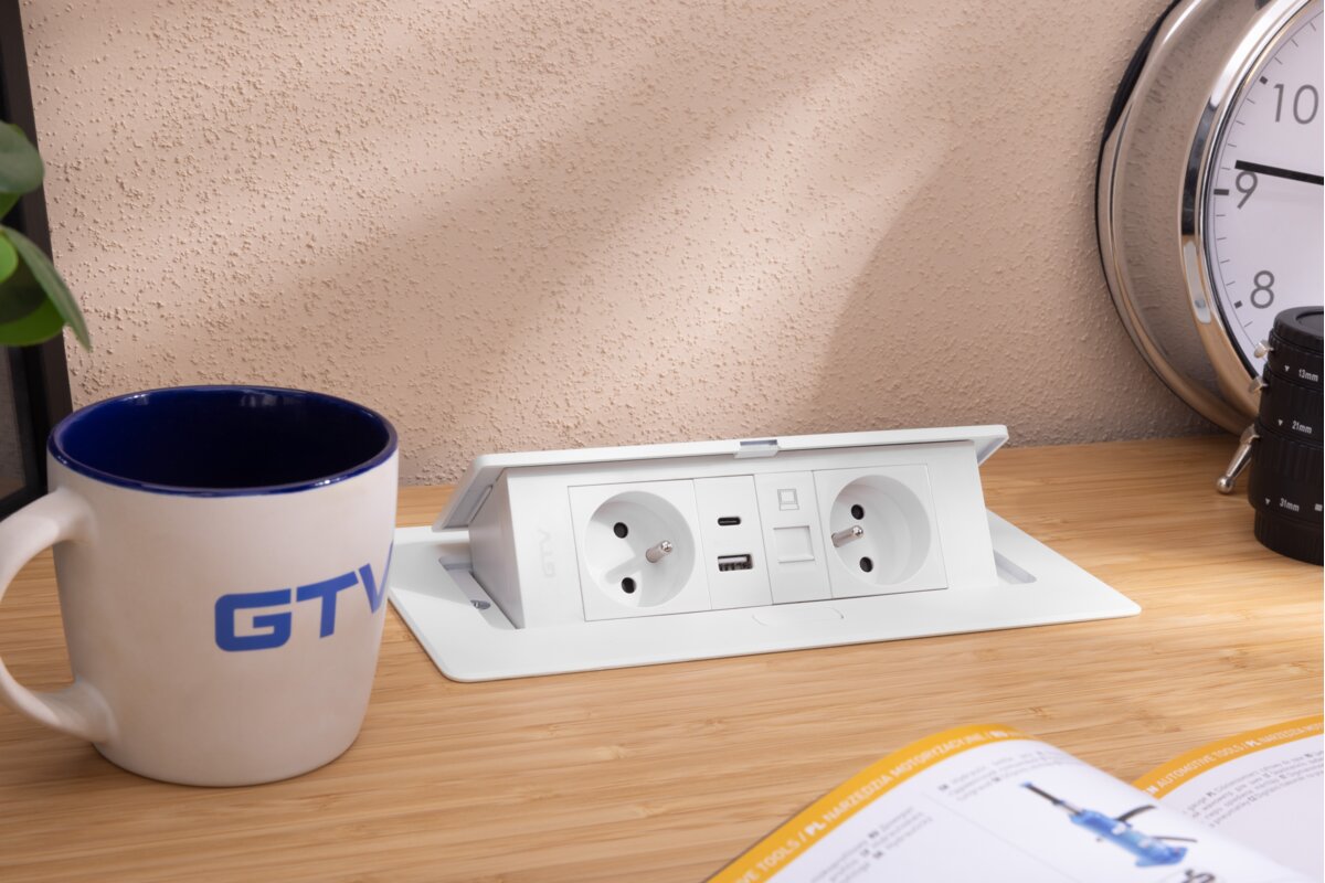 Меблева розетка MULTISOFT 2x розетка із заземленням, USB A+C, RJ45, кабель живлення з вилкою, білий