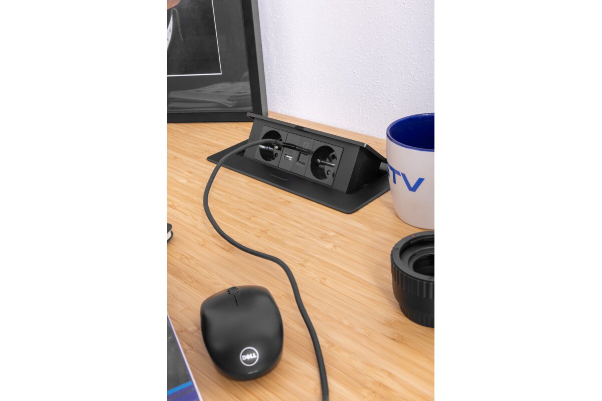 Меблева розетка MULTISOFT 2x розетка із заземленням, USB A+C, RJ45, кабель живлення з вилкою, чорний