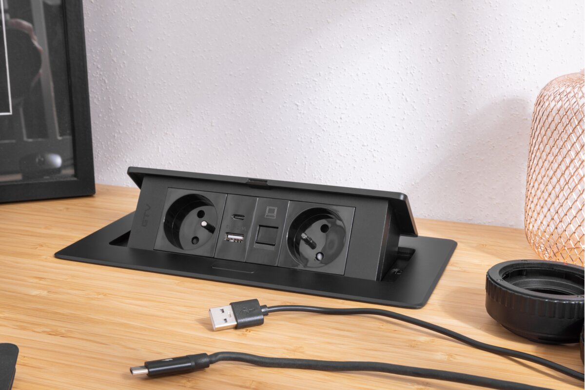 Меблева розетка MULTISOFT 2x розетка із заземленням, USB A+C, RJ45, кабель живлення з вилкою, чорний