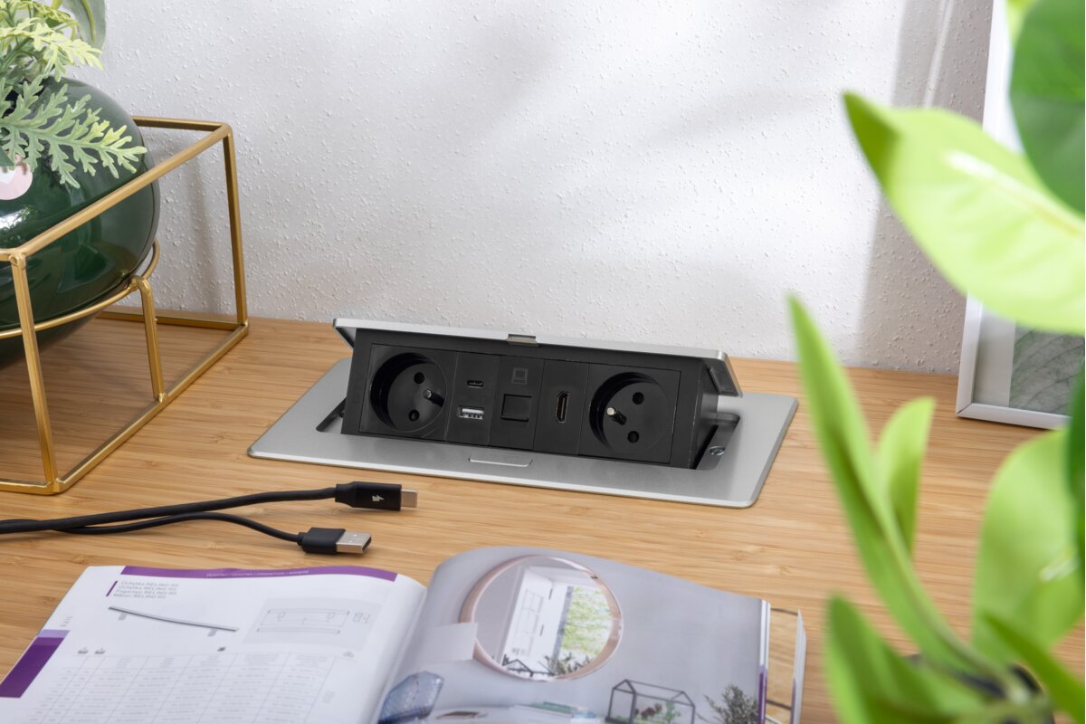 Меблева розетка MULTISOFT 2x розетка із заземленням, USB A+C, RJ45, HDMI, кабель живлення зі штепсельною вилкою, алюміній