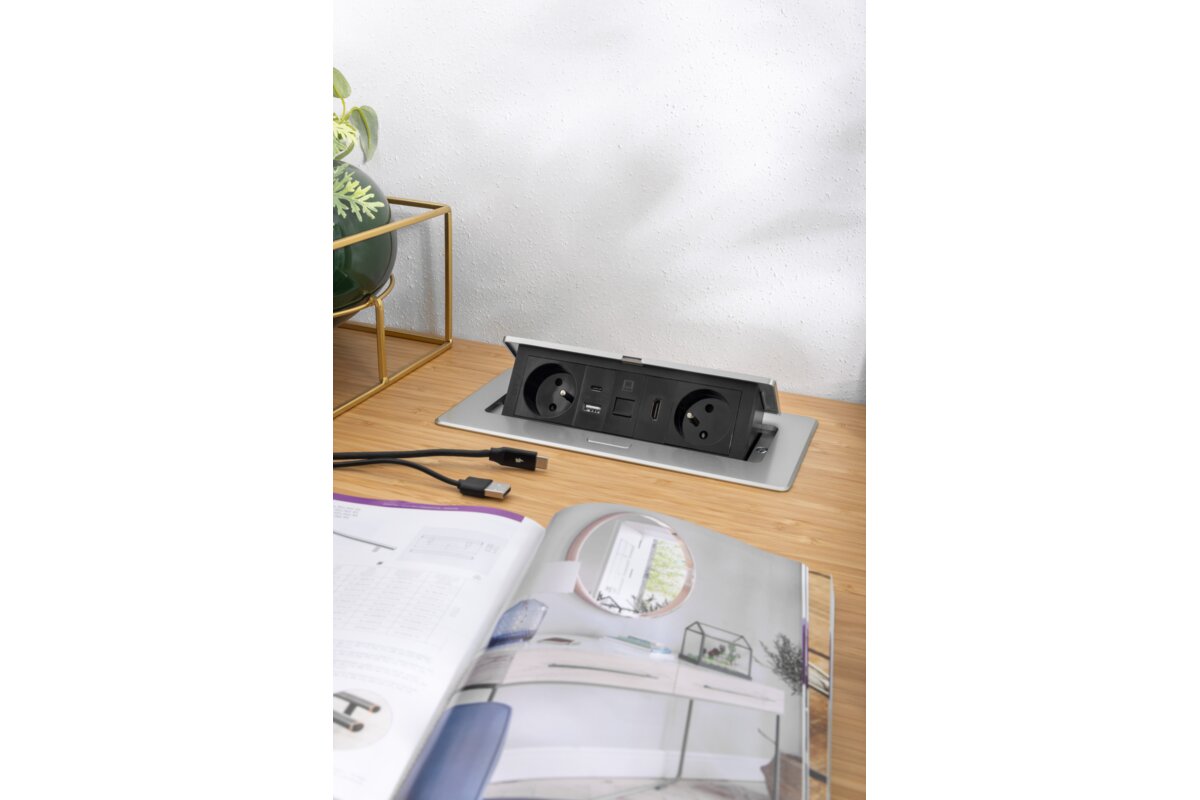 Меблева розетка MULTISOFT 2x розетка із заземленням, USB A+C, RJ45, HDMI, кабель живлення зі штепсельною вилкою, алюміній