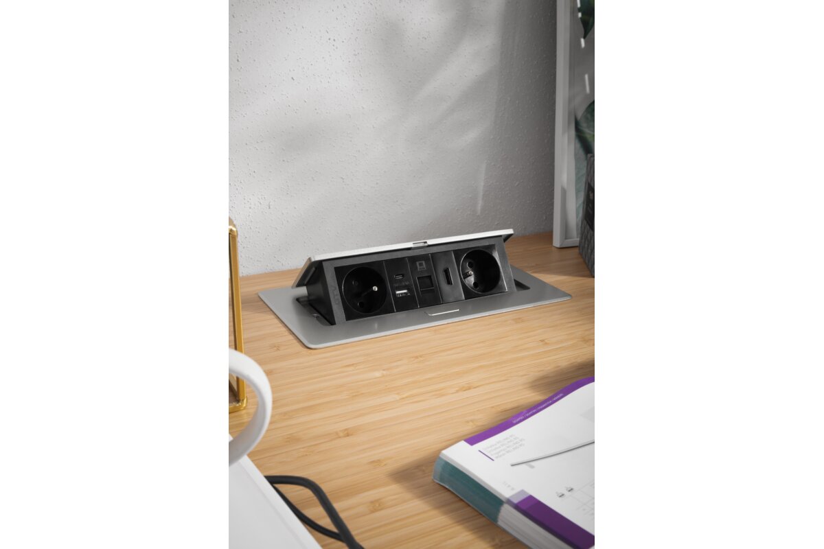 Меблева розетка MULTISOFT 2x розетка із заземленням, USB A+C, RJ45, HDMI, кабель живлення зі штепсельною вилкою, алюміній