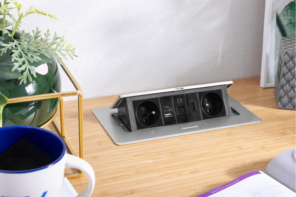Меблева розетка MULTISOFT 2x розетка із заземленням, USB A+C, RJ45, HDMI, кабель живлення зі штепсельною вилкою, алюміній