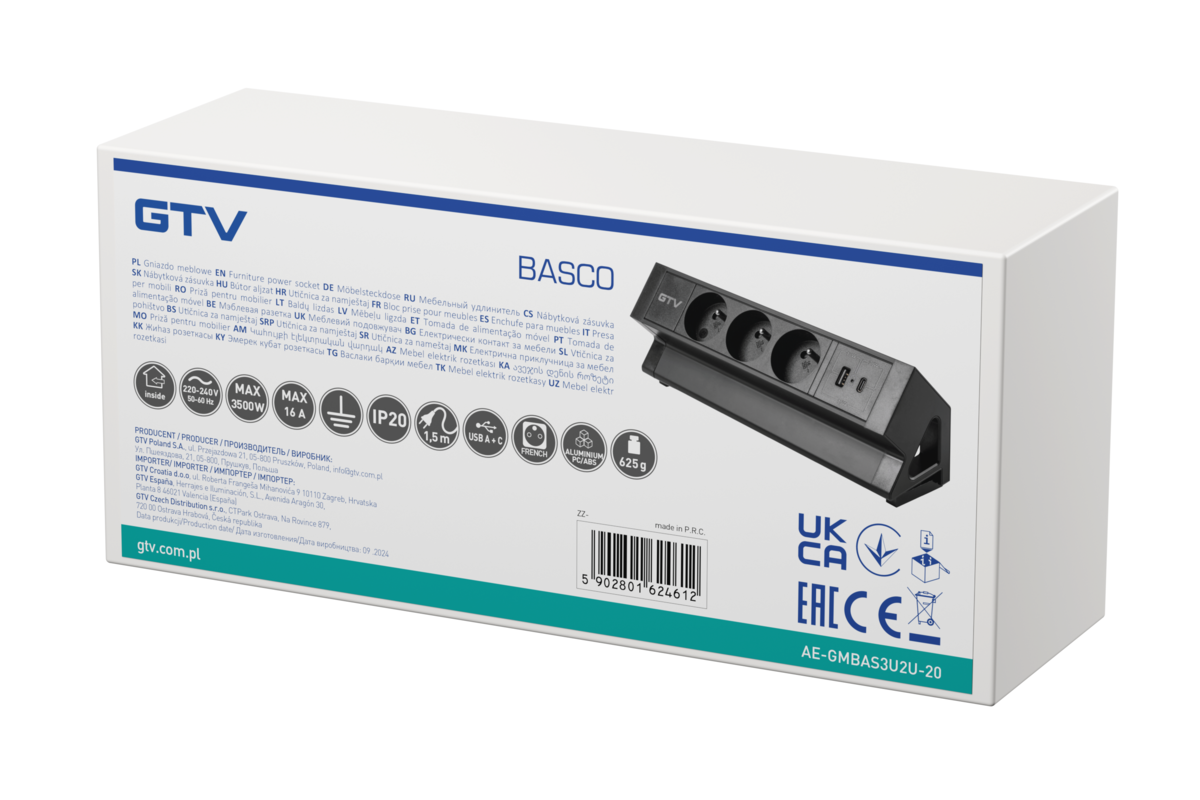 Розетка для меблів Basco, 3 х розетки із заземленням, USB A+C, кабель 1,5м, чорний з кріпленням