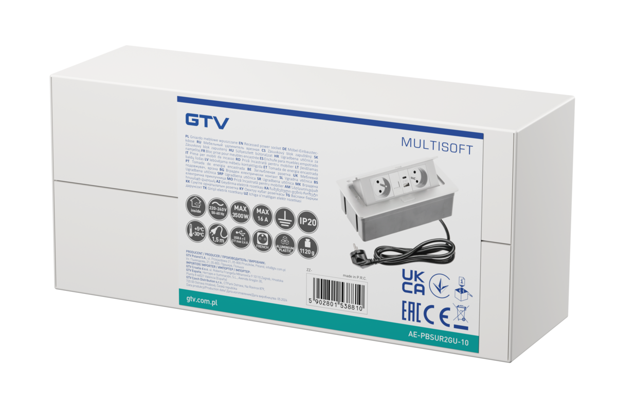 Меблева розетка MULTISOFT 2x розетка із заземленням, USB A+C, RJ45, кабель живлення з вилкою, білий