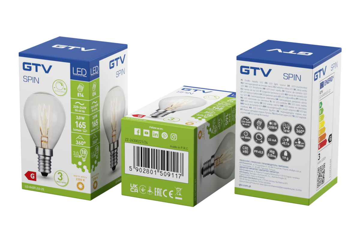 Лампа світлодіодна SPIN, E14, G45, 3 Вт, 165 лм, 2200K, AC220-240В, 360°, FILAMENT