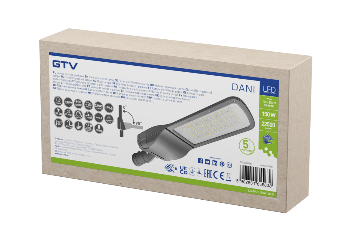 Світильник світлодіодний вуличний DANI, 150 Вт, 4000К, AC180-250V, IP66, 22500 лм, IK09, ENEC