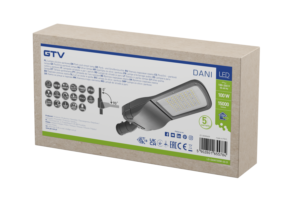 Світильник світлодіодний вуличний DANI, 100 Вт, 4000К, AC180-250V, IP66, 15000 лм, IK09, ENEC