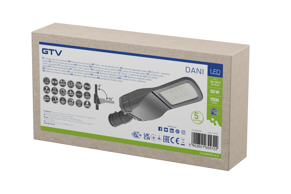 Світильник світлодіодний вуличний DANI, 50 Вт, 4000К, AC180-250V, IP66, 7500 лм, IK09, ENEC