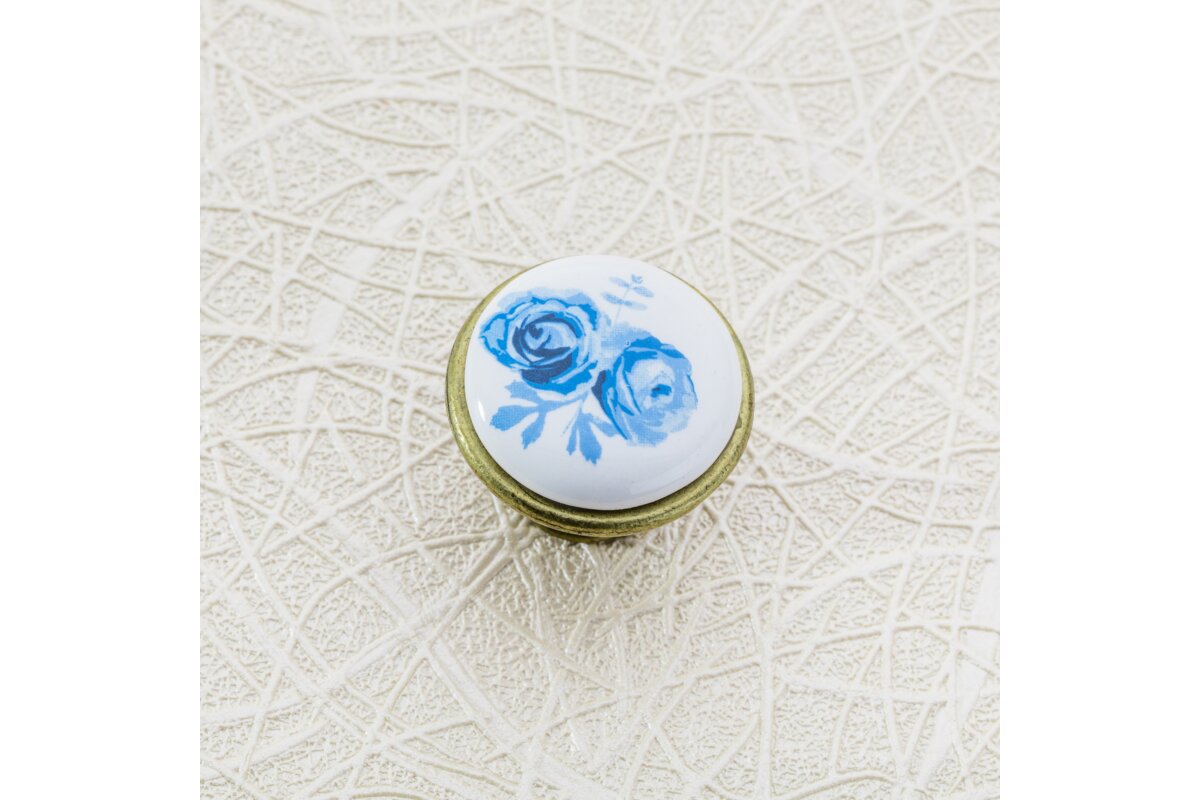 Ручка-кнопка керамічна 0728-J4 A-Blue Rose антична латунь