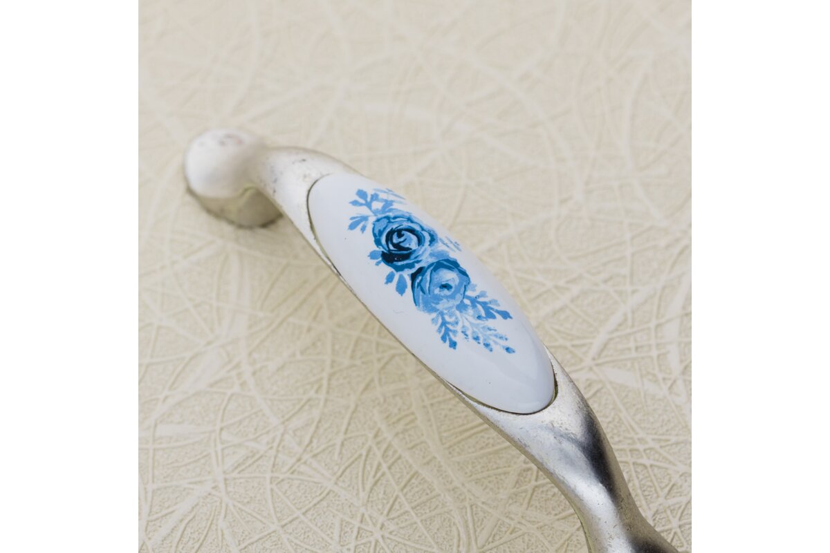 Ручка меблева керамічна 0728 A-Blue Rose античне срібло