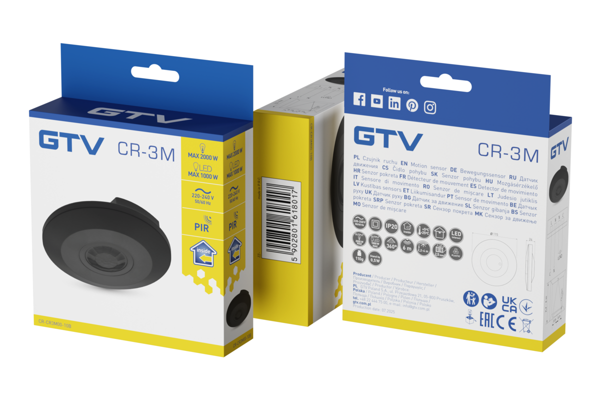 CR-3 MINI Motion Sensor, максимум 2000 Вт, AC220-240V, кут 360°, радіус дії 6 м, IP20, чорний