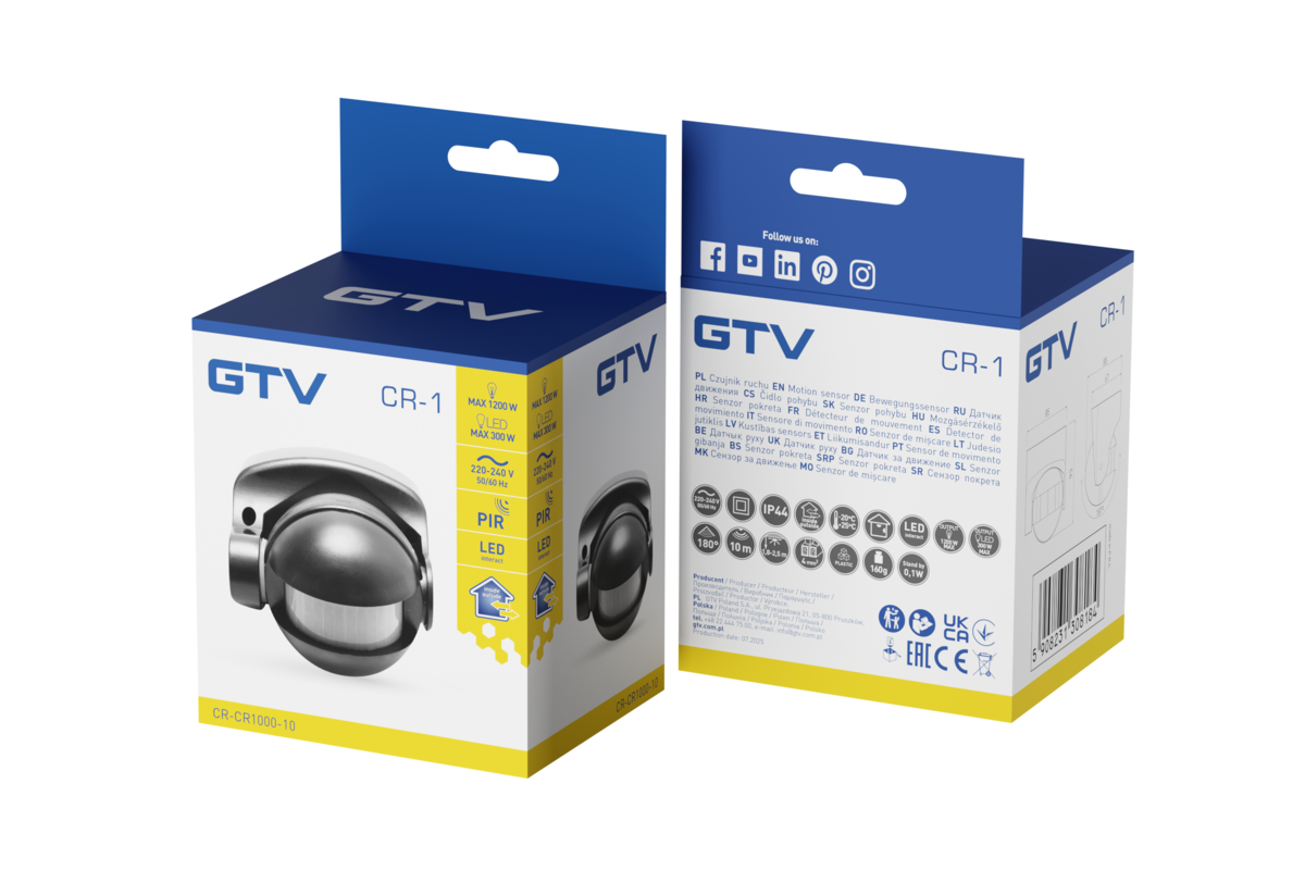 Датчик руху CR-1, макс. 1200 Вт, кут виявлення 180°, м 10 м ± 1.8- 2.5 м, IP44, чорний