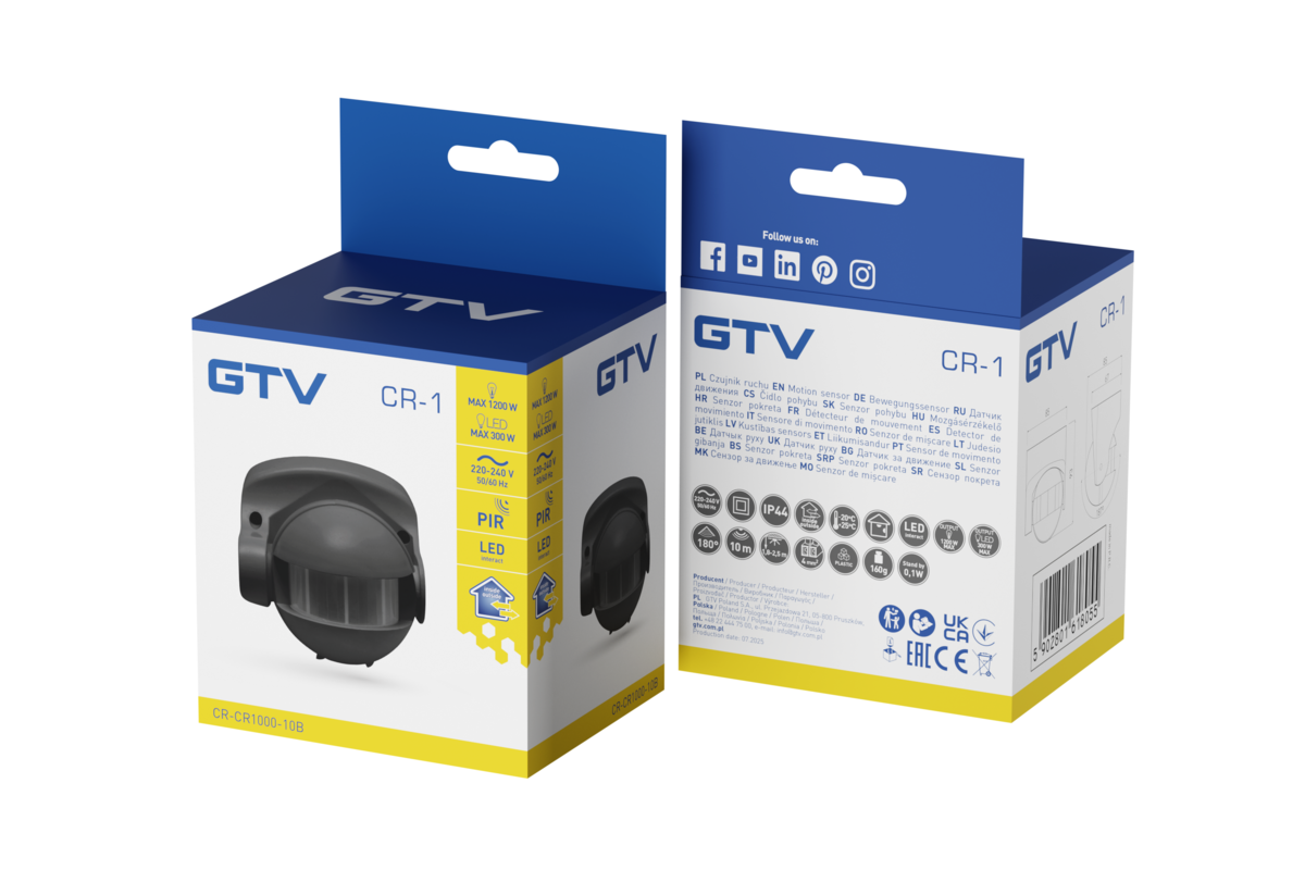 Датчик руху CR-1, максимум 1200 Вт, AC220-240V, кут 180°, дальність 10 м, IP44, чорний