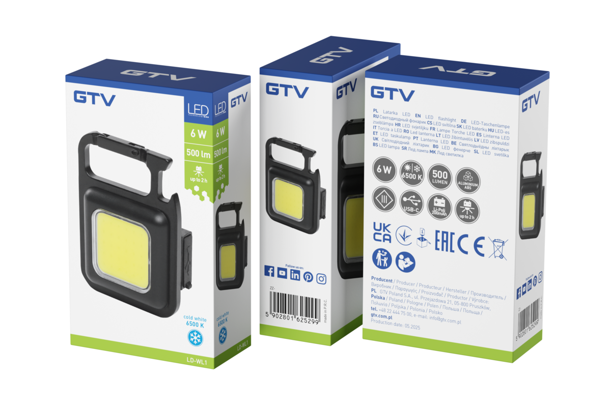 Mini LED кишеньковий ліхтарик, 6W, COB, 500lm, 6500K, LiPoly 200mAh, USB-C, IP44