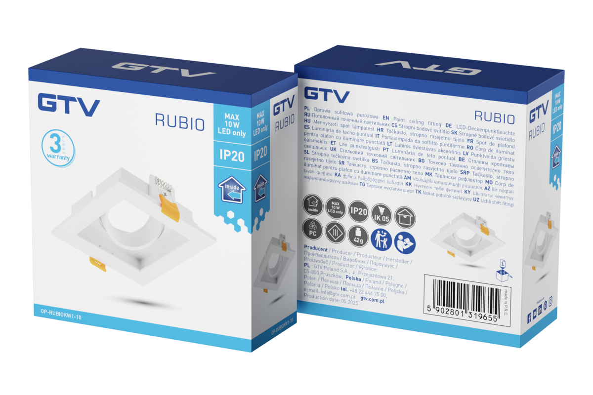 Корпус світильника точкового RUBIO, 102×102 мм, IP20, PC, квадратний, білий