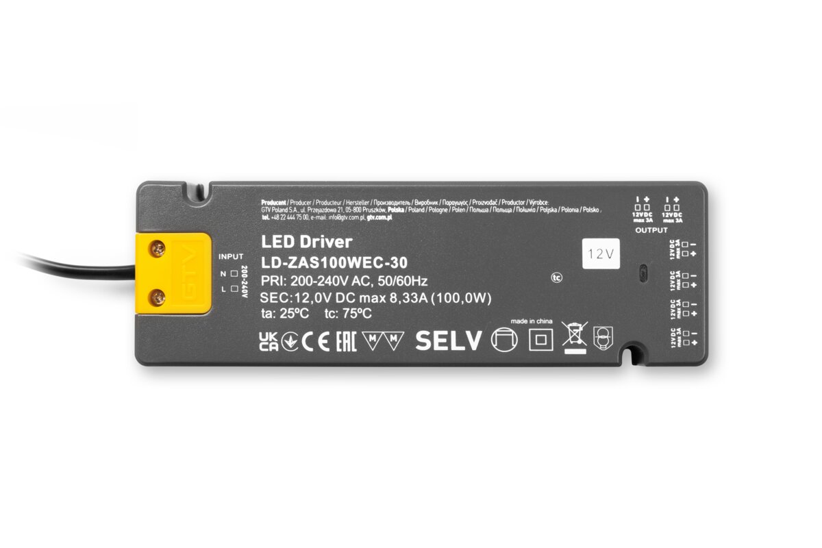 СВІТЛОДІОДНИЙ БЛОК ЖИВЛЕННЯ SLIM EASY CLICK 12 В, 100 ВТ, вхід 220-240 В ЗМІННОГО СТРУМУ, IP20, dim.190x62x21 мм з міні підсилювачем і кабелем