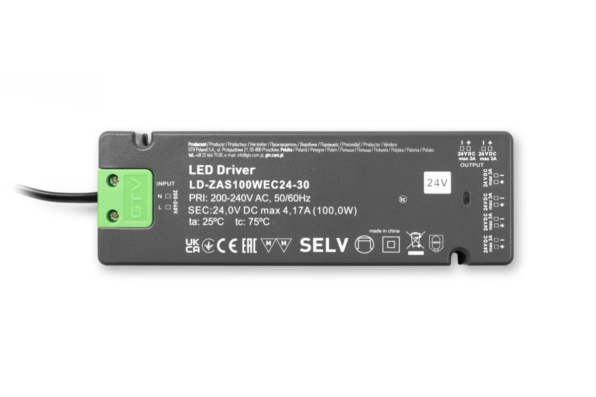 СВІТЛОДІОДНИЙ БЛОК ЖИВЛЕННЯ SLIM EASY CLICK 24 В, 100 ВТ, вхід 220-240 В змінного струму, IP20, дім.190x62x21 мм з міні-підсилювачем і кабелем