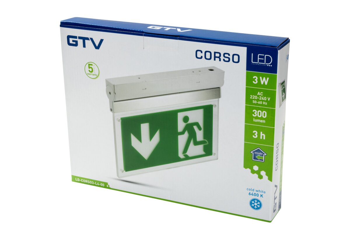 Аварійне освітлення CORSO-3, LED, 3W, 300lm, 6400K, AC220-240V, IP20, 3h, подвійне завдання, TEST