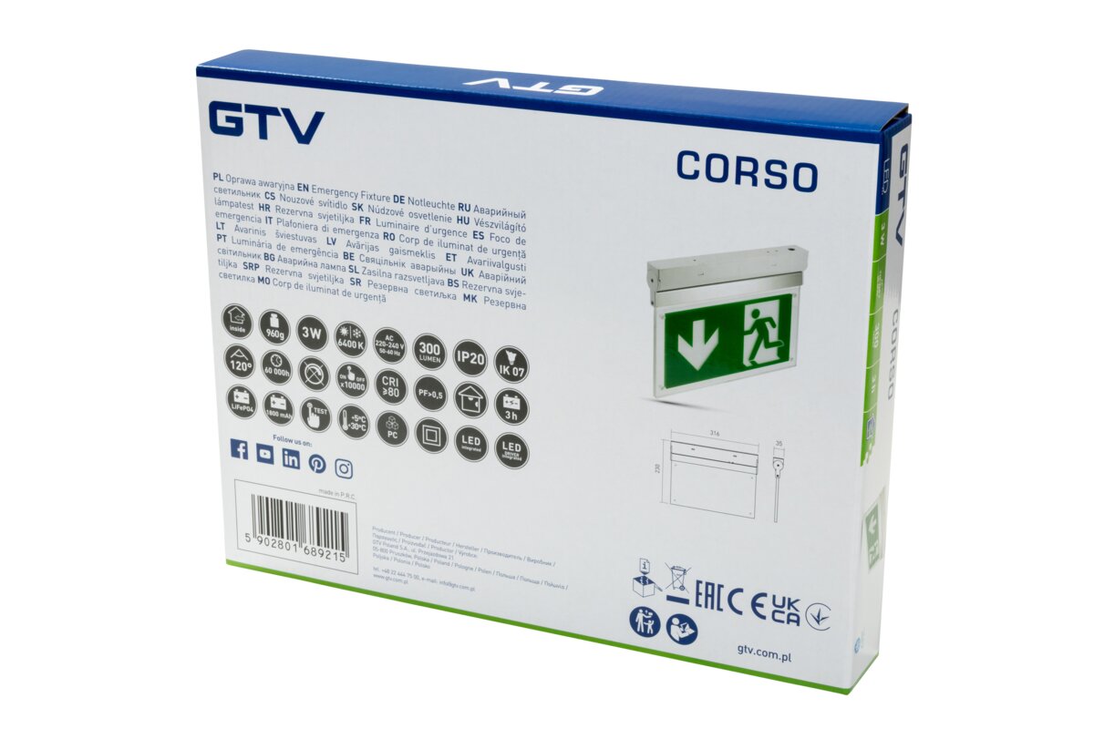 Аварійне освітлення CORSO-3, LED, 3W, 300lm, 6400K, AC220-240V, IP20, 3h, подвійне завдання, TEST