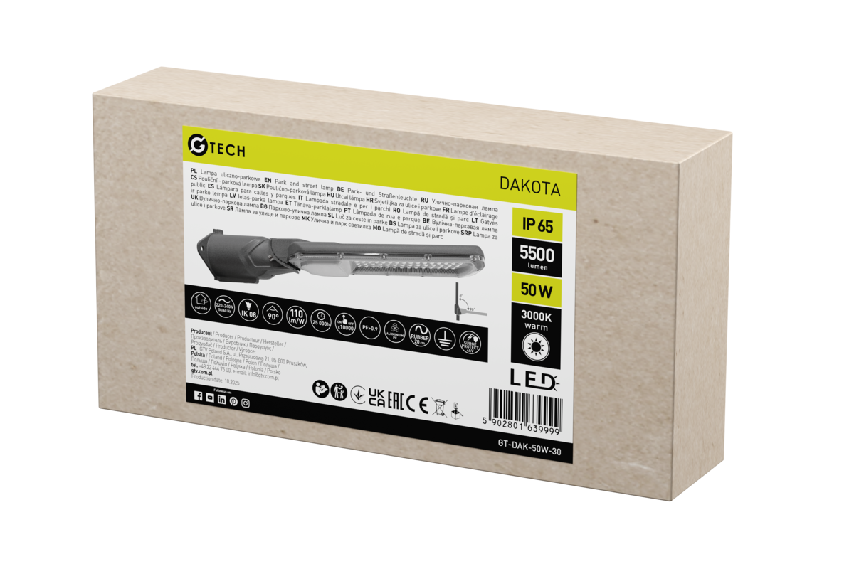 G-TECH вуличне освітлення DAKOTA, LED, 50W, 5500lm, 3000K, AC220-240V, IP65, сірий