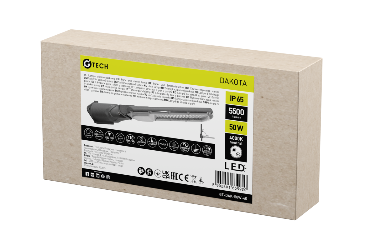 Вуличне освітлення G-TECH DAKOTA, LED, 50W, 5500lm, 4000K, AC220-240V, IP65, сірий