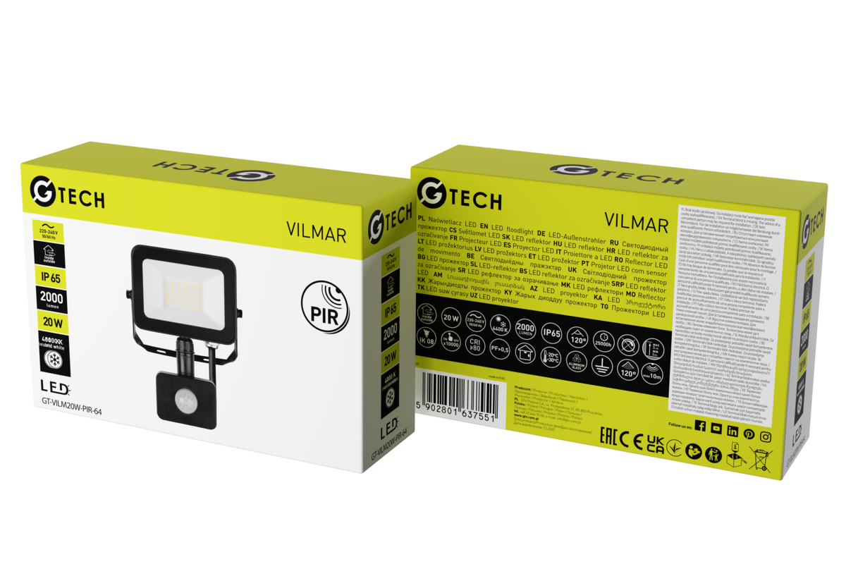 G-TECH Прожектор з датчиком руху VILMAR, LED, 20W, 1800lm, 6400K, AC220-240V, чорний