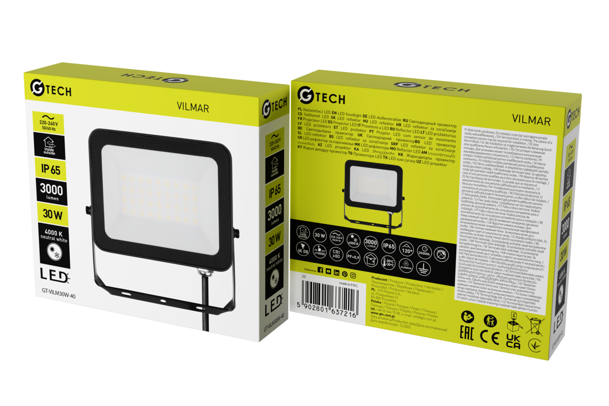 Прожектор G-TECH VILMAR, LED, 30W, 3000lm, 4000K, AC220-240V, IP65, чорний