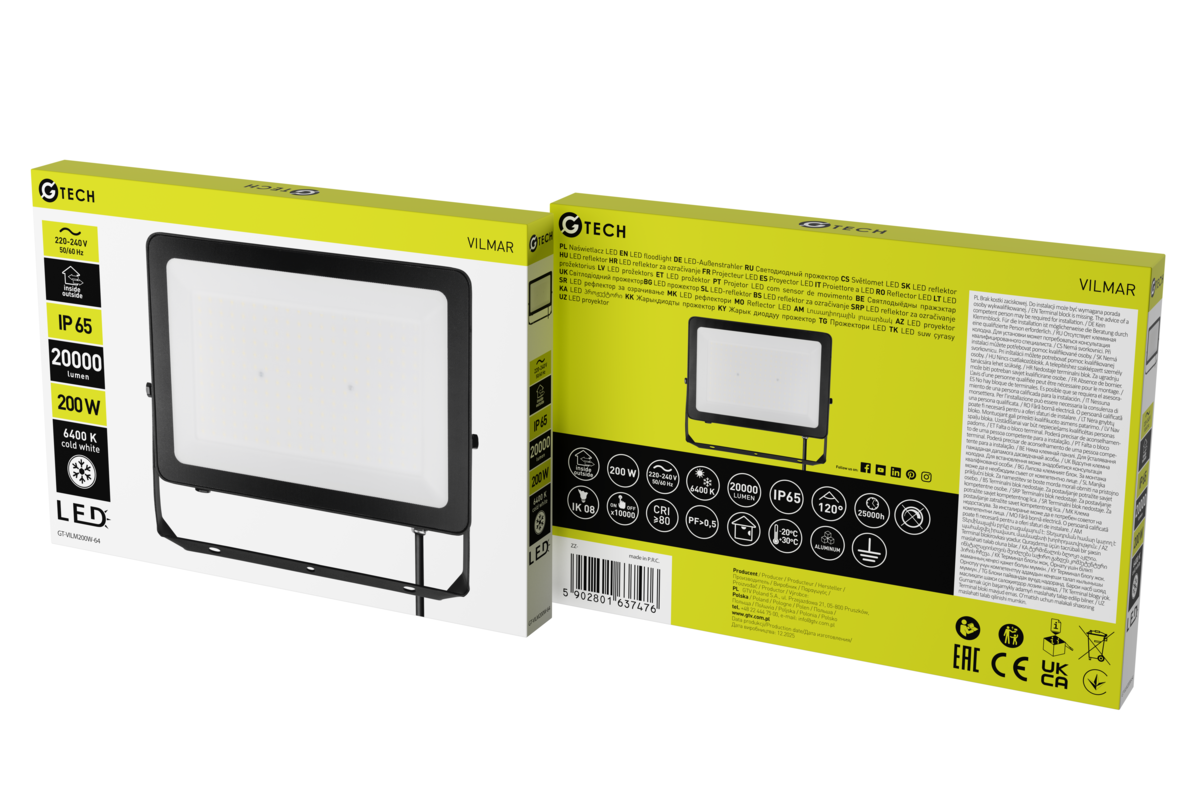 Прожектор G-TECH VILMAR, LED, 200W, 20000lm, 6400K, AC220-240V, IP65, чорний