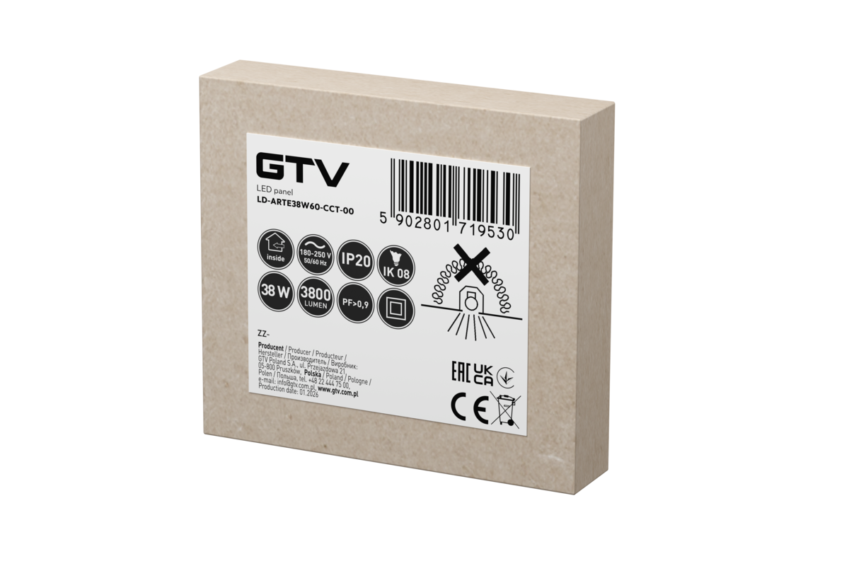 Світильник ARTE, LED, 38W, 3800lm, CCT, AC180-250V, 595×595мм, білий