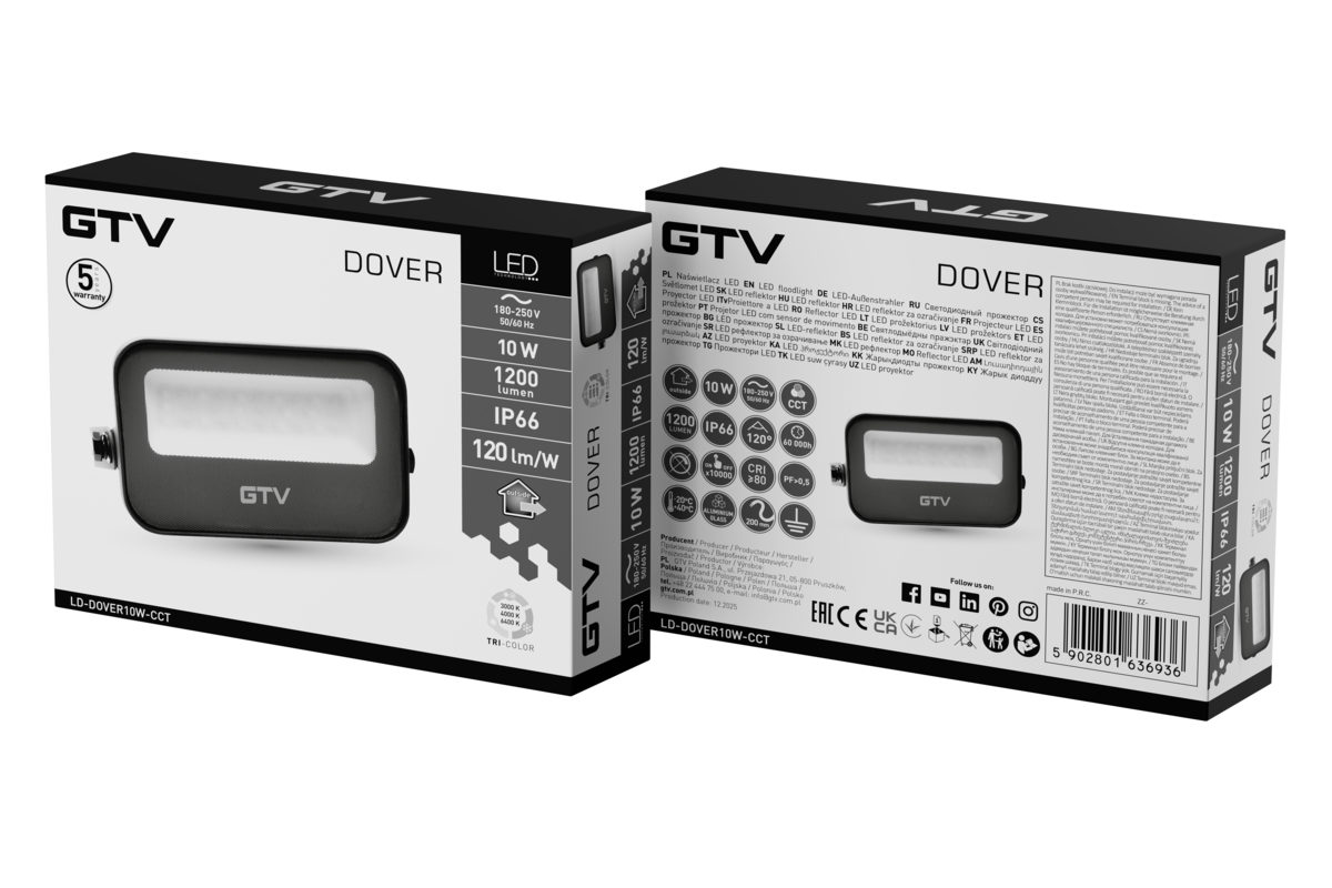 Прожектор DOVER, LED, 10W, 1000lm, CCT, AC180-250V, IP66, сірий