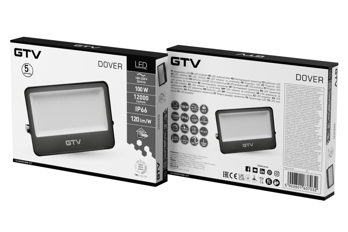 Прожектор DOVER, LED, 100W, 12000lm, CCT, AC180-250V, IP66, сірий