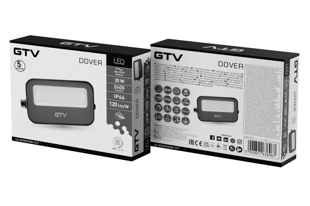 Прожектор DOVER, LED, 20W, 2400lm, CCT, AC180-250V, IP66, сірий
