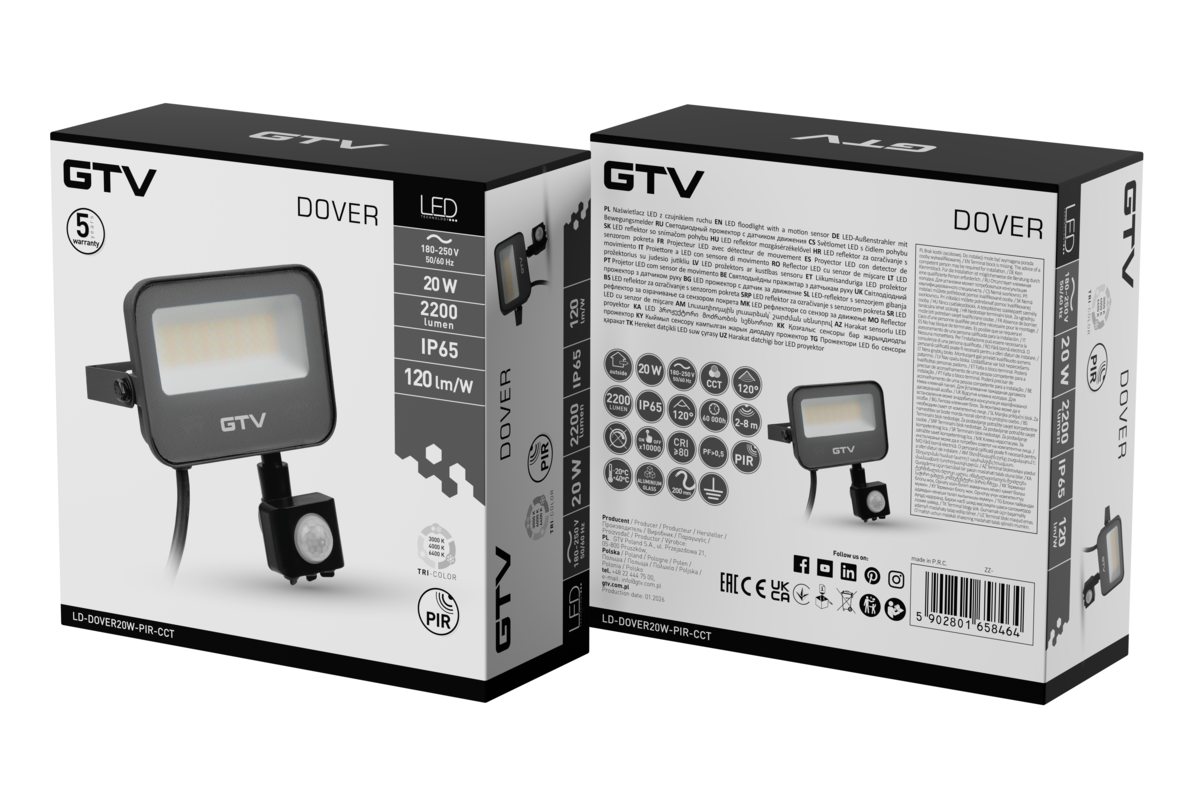 DOVER Motion Sensor Floodlight, LED, 20W, 2200lm, CCT, AC180-250V, сірий