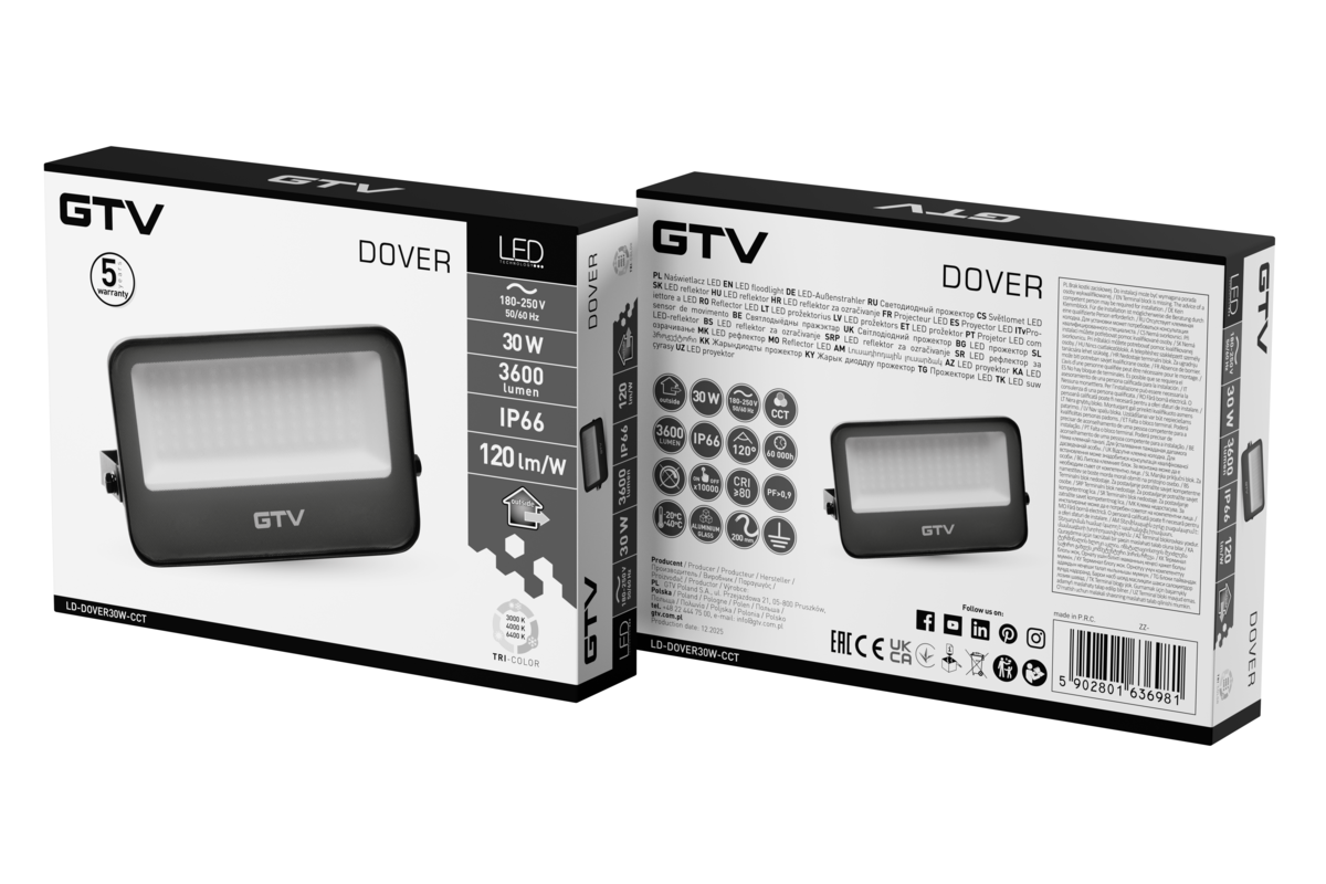 Прожектор із датчиком руху DOVER, LED, 30W, 3600lm, CCT, AC180-250V, сірий