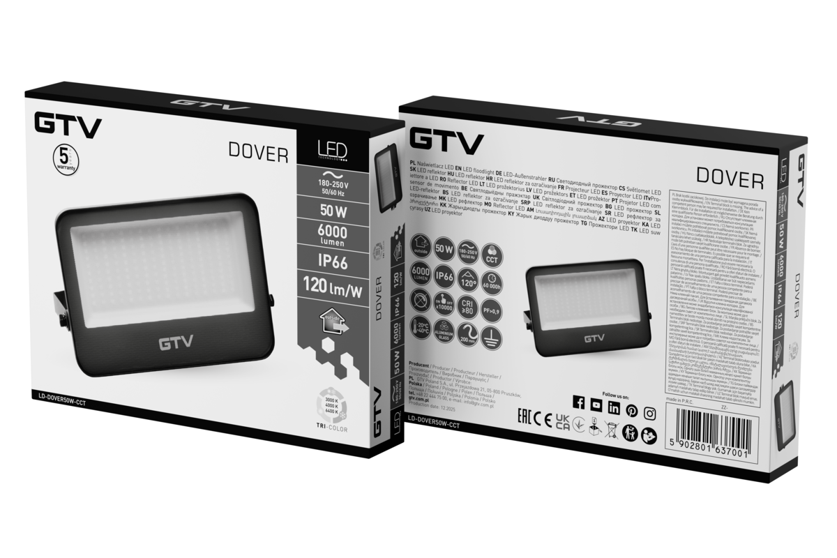 Прожектор DOVER, LED, 50W, 6000lm, CCT, AC180-250V, IP66, сірий