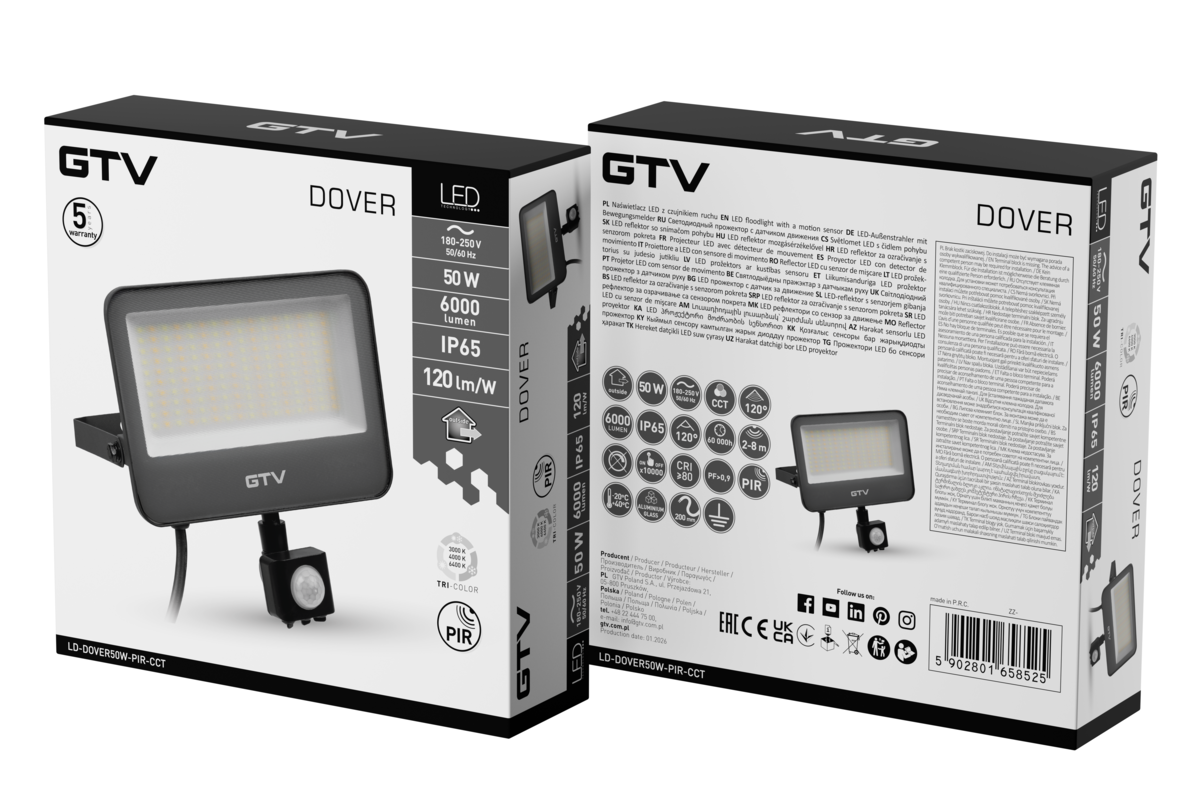 Прожектор із датчиком руху DOVER, LED, 50W, 6000lm, CCT, AC180-250V, сірий