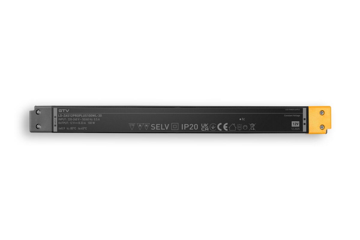 Живлення LED-блоку PRO+ LONG 12V, 100W, вхід 220-240VAC, IP20, розмір 320x30x19 мм