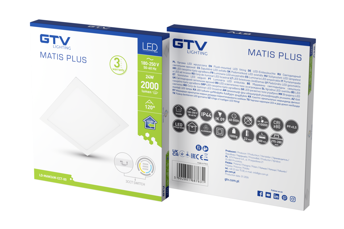 MATIS Downlight, LED, 24W, 2000lm, CCT, AC220-240V, вбудований, білий