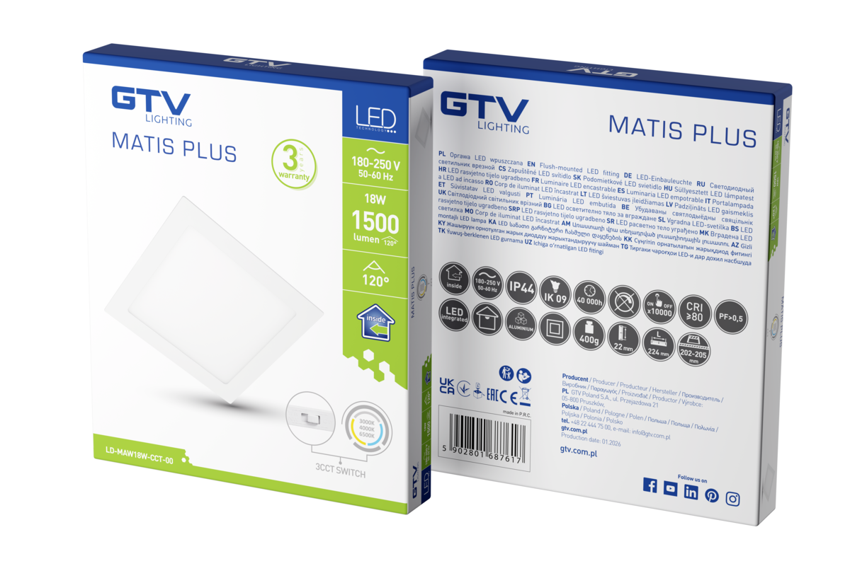 MATIS 18W, 1500lm, CCT, AC220-240V, вбудований, біле
