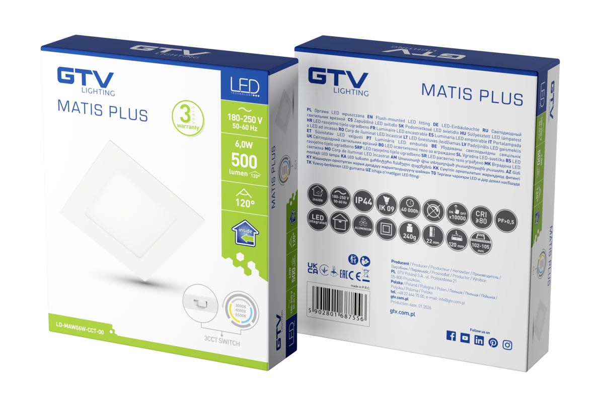 MATIS downlight, LED, 6W, 500lm, CCT, AC220-240V, вбудований, білий