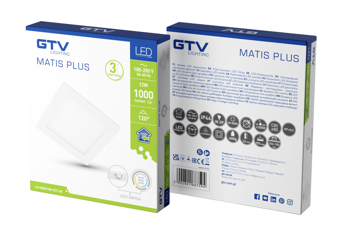 MATIS 12W, 1000lm, CCT, AC220-240V, вбудований, білий
