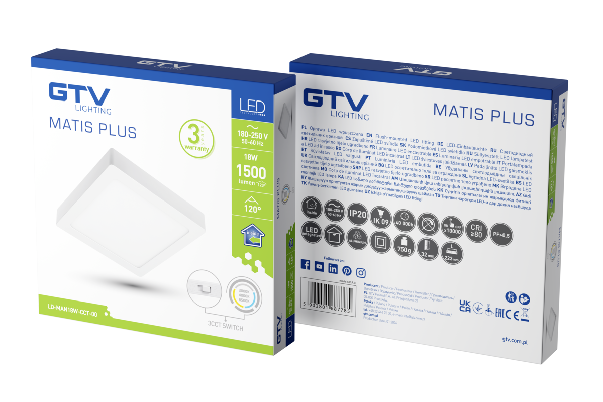 MATIS downlight, LED, 18W, 1500lm, CCT, AC220-240V, поверхневий, білий