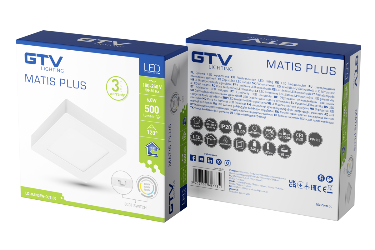 MATIS downlight, LED, 6W, 500lm, CCT, AC220-240V, поверхневий, білий