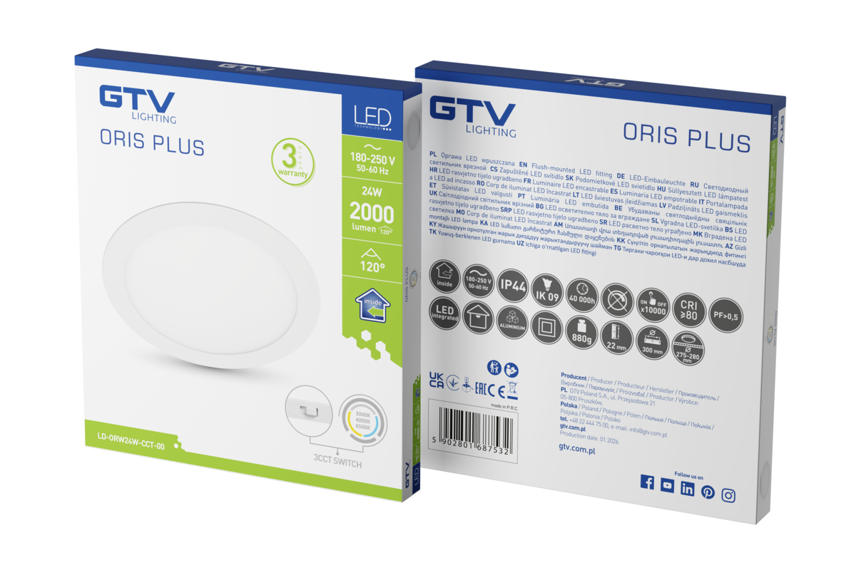 ORIS Downlight, LED, 24W, 2000lm, CCT, AC220-240V, вбудований, білий