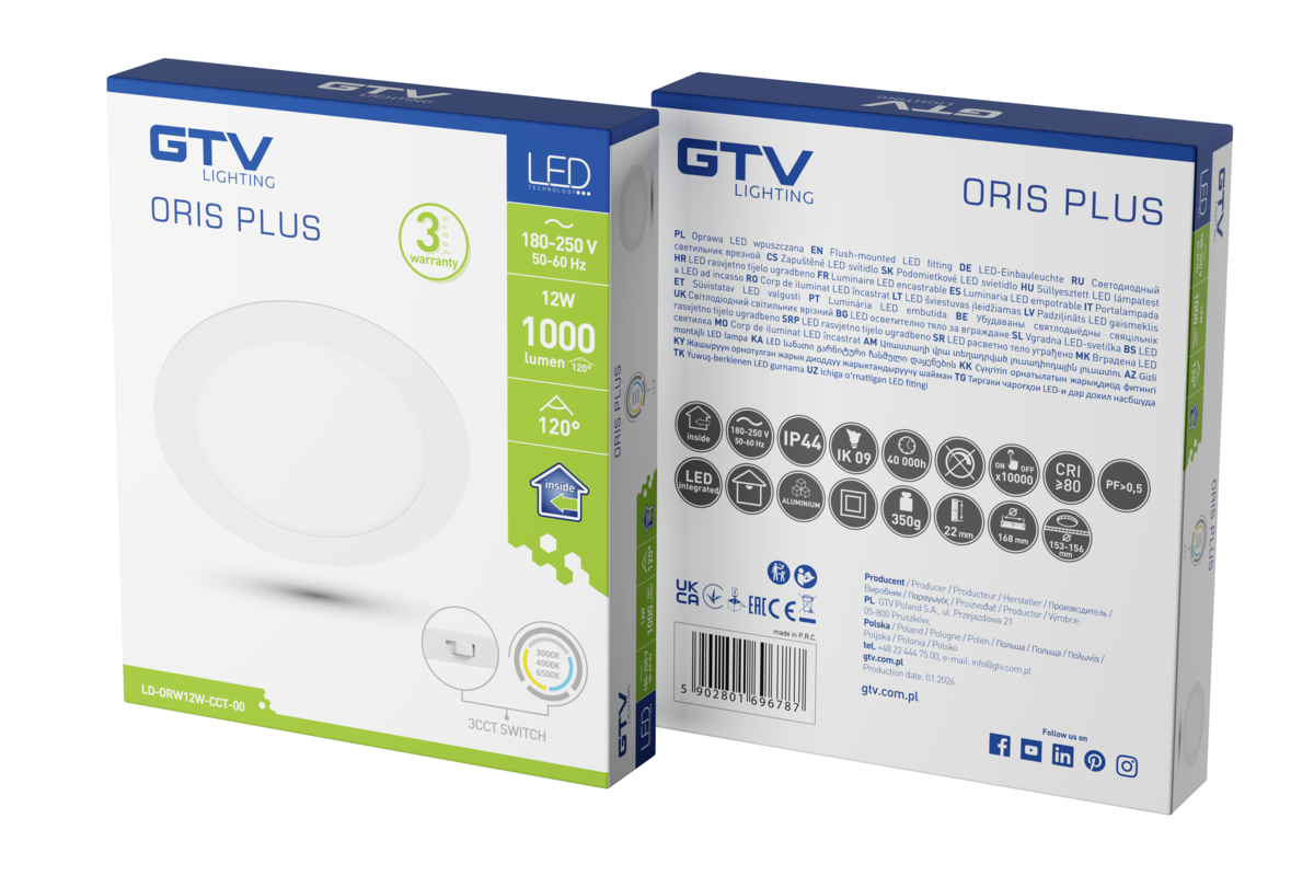 ORIS Downlight, LED, 12W, 1000lm, CCT, AC220-240V, вбудований, білий